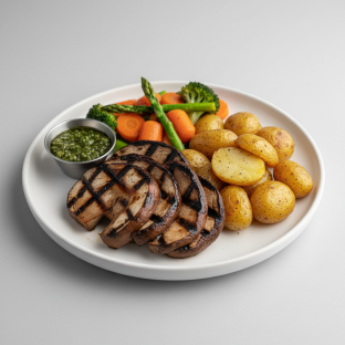 Grilled Portobello Mushroom with Roasted Potatoes & Season Veggies and Chimichurri Sauce (Vegan)