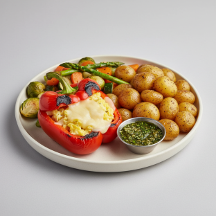 Grilled Stuffed Bell Peppers with Roasted Potatoes & Season Veggies and Chimichurri Sauce (Vegetarian) Grilled Stuffed Bell Peppers with Roasted Potatoes & Season Veggies and Chimichurri Sauce (Vegetarian)