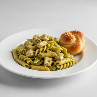 Penne With Chicken Pesto and Garlic Knot