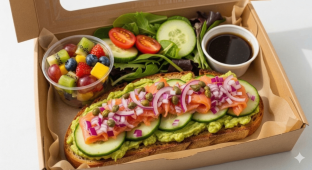 Smoked Salmon Toasty with Side Salad and Fruit Salad