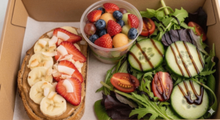 Almond Butter Breckie Toasty with Side Salad and Fruit Salad