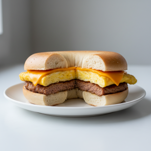 Egg, Cheese and Sausage Sandwich - Plain Bagel Egg, Cheese and Sausage Sandwich - Plain Bagel