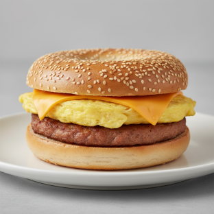 Egg, Cheese and Sausage Sandwich - Sesame Bagel Egg, Cheese and Sausage Sandwich - Sesame Bagel