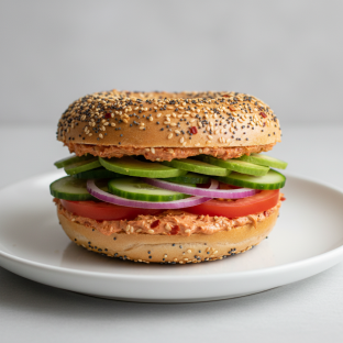 Garlic Chili Crisp Cream Cheese, Veggie and Avocado Sandwich - Everything Bagel Garlic Chili Crisp Cream Cheese, Veggie and Avocado Sandwich - Everything Bagel