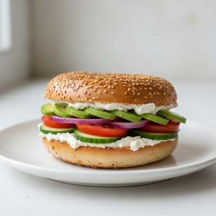 Vegan Cream Cheese, Veggie and Avocado Sandwich - Sesame Bagel Vegan Cream Cheese, Veggie and Avocado Sandwich - Sesame Bagel