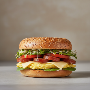 Sesame Bagel Sandwich Maple Pork Sausage, Tomato, Alfalfa Sprouts, Spinach Sesame Bagel Sandwich Maple Pork Sausage, Tomato, Alfalfa Sprouts, Spinach