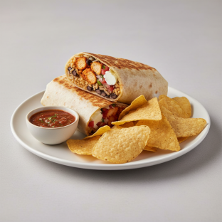 Al Pastor Chicken Super Burrito with Chips and Chipotle Salsa Al Pastor Chicken Super Burrito with Chips and Chipotle Salsa
