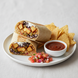 Gluten-Free Al Pastor Tofu & Veggies Super Burrito with Chips and Chipotle Salsa Gluten-Free Al Pastor Tofu & Veggies Super Burrito with Chips and Chipotle Salsa