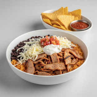 Al Pastor Pork Super Burrito Bowl with Chips and Chipotle Salsa Al Pastor Pork Super Burrito Bowl with Chips and Chipotle Salsa