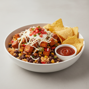 Al Pastor Tofu & Veggie Super Burrito Bowl with Chips and Chipotle Salsa Al Pastor Tofu & Veggie Super Burrito Bowl with Chips and Chipotle Salsa