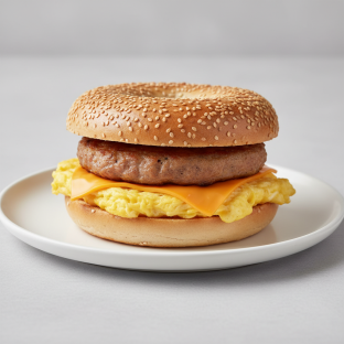 Egg, Cheese and Sausage Sandwich - Sesame Bagel Egg, Cheese and Sausage Sandwich - Sesame Bagel