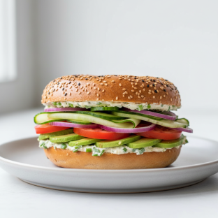 Scallion Cream Cheese, Veggie and Avocado Sandwich - Sesame Bagel Scallion Cream Cheese, Veggie and Avocado Sandwich - Sesame Bagel