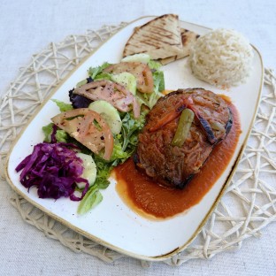 Stuffed Eggplant served with rice, salad & pita bread (Vegetarian)