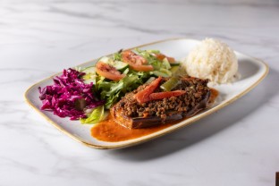 Stuffed Eggplant with Rice, Salad & Pita Bread (Contains Meat)