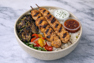 Grilled Chicken Skewer Rice and Arugula Bowl