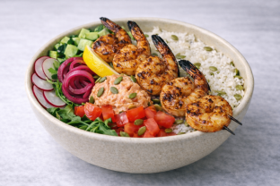 Grilled Prawns Skewer Rice and Arugula Bowl