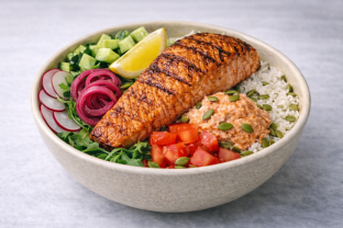 Grilled Salmon Rice and Arugula Bowl