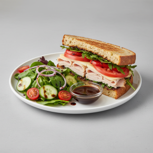 Gluten-Free Turkey Italiano Sandwich with Garden Salad and Balsamic Vinagrette Gluten-Free Turkey Italiano Sandwich with Garden Salad and Balsamic Vinagrette