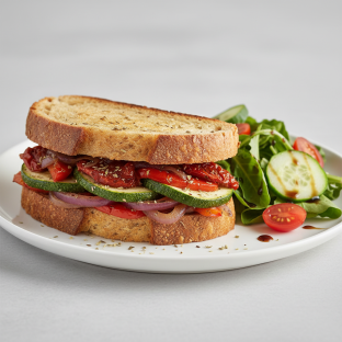 Gluten-Free Roasted Veggie Sandwich with Garden Salad and Balsamic Vinagrette Gluten-Free Roasted Veggie Sandwich with Garden Salad and Balsamic Vinagrette