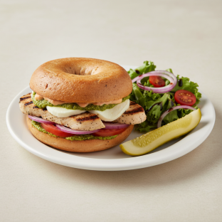 Chicken Tuscany on Gluten Free Bagel With Balsamic Side Salad