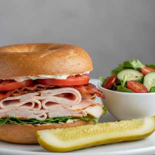 Turkey Club on Gluten Free Bagel With Balsamic Side Salad