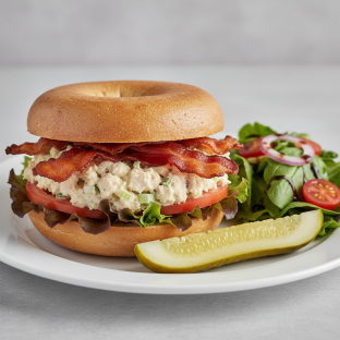 Chicken Salad Blt on Gluten Free Bagel With Balsamic Side Salad