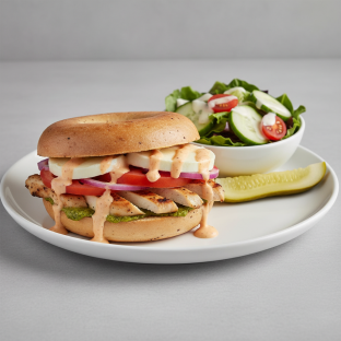 Chicken Tuscany on Gluten Free Bagel With Ranch Side Salad