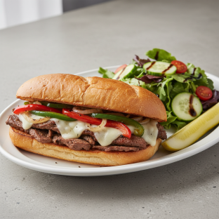 Steakhouse Philly Cheese Sandwich With Balsamic Vinaigrette Side Salad.