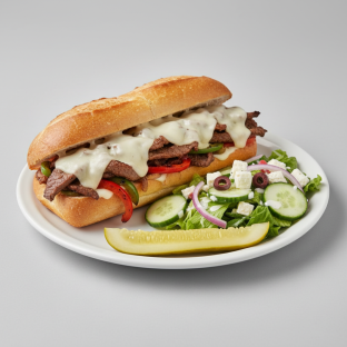 Steakhouse Philly Cheese Sandwich With Greek Side Salad