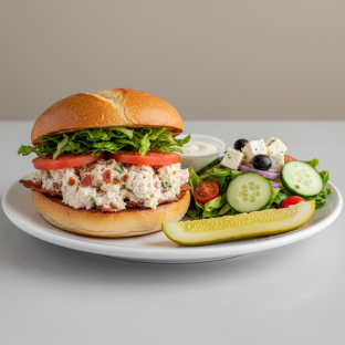 Pig and Chicken Sandwich With Greek Side Salad