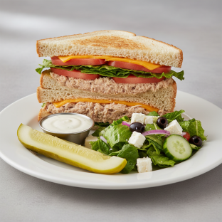 Cheddar Tuna Club Sandwich With Greek Side Salad