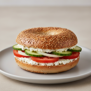 Sesame Bagel & Tofu Cream Cheese, Tomato, Onion, Cucumber