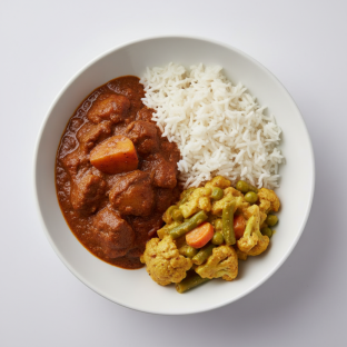 Goat Vindaloo with Rice and Veggie Korma (No Cliantro) Goat Vindaloo with Rice and Veggie Korma (No Cliantro)