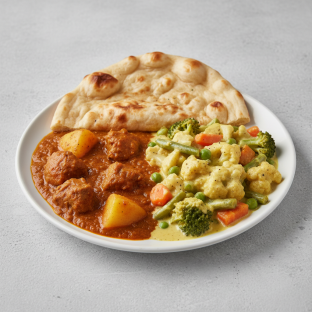 Lamb Vindaloo with Naan and Veggie Korma (No Cilantro) Lamb Vindaloo with Naan and Veggie Korma (No Cilantro)