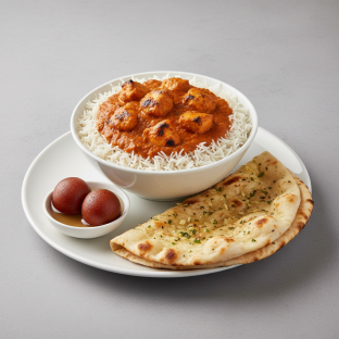 Chicken Tikka Masala Bowl With Garlic Naan & Gulab Jamun Chicken Tikka Masala Bowl With Garlic Naan & Gulab Jamun