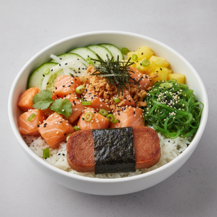 Yuzu Ponzu Salmon Bowl Combo (Regular) — White Rice / Garlic Spam Musubi Yuzu Ponzu Salmon Bowl Combo (Regular) — White Rice / Garlic Spam Musubi