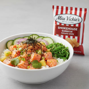 Yuzu Ponzu Salmon Bowl Combo (Regular) — White Rice / Miss Vickie's Smokehouse Barbecue Kettle Cooked Potato Chips Yuzu Ponzu Salmon Bowl Combo (Regular) — White Rice / Miss Vickie's Smokehouse Barbecue Kettle Cooked Potato Chips