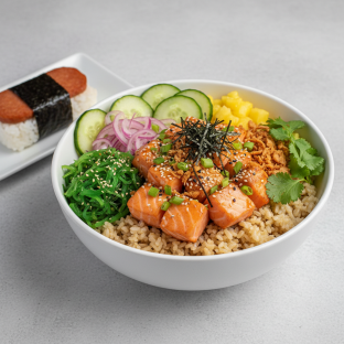 Yuzu Ponzu Salmon Bowl Combo (Regular) — Brown Rice / Garlic Spam Musubi Yuzu Ponzu Salmon Bowl Combo (Regular) — Brown Rice / Garlic Spam Musubi