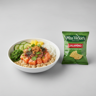 Yuzu Ponzu Salmon Bowl Combo (Regular) — Brown Rice / Miss Vickie's Jalapeno Kettle Cooked Potato Chips Yuzu Ponzu Salmon Bowl Combo (Regular) — Brown Rice / Miss Vickie's Jalapeno Kettle Cooked Potato Chips
