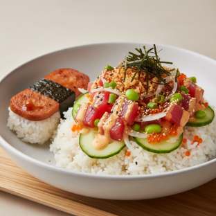 Spicy Ahi Bowl Combo (Regular) — White Rice / Garlic Spam Musubi Spicy Ahi Bowl Combo (Regular) — White Rice / Garlic Spam Musubi