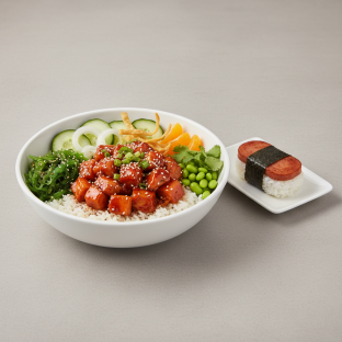 Sweet Sesame Chicken Bowl Combo (Regular) — White Rice / Garlic Spam Musubi Sweet Sesame Chicken Bowl Combo (Regular) — White Rice / Garlic Spam Musubi