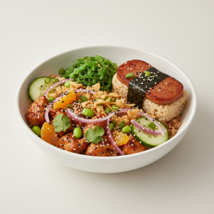 Sweet Sesame Chicken Bowl Combo (Regular) — Brown Rice / Garlic Spam Musubi Sweet Sesame Chicken Bowl Combo (Regular) — Brown Rice / Garlic Spam Musubi