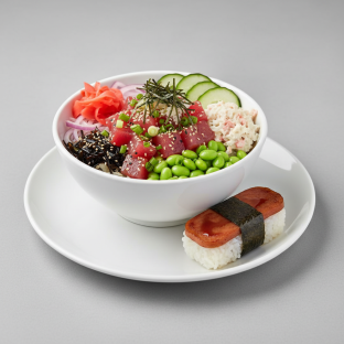 Umami Ahi Bowl Combo (Regular) — White Rice / Garlic Spam Musubi Umami Ahi Bowl Combo (Regular) — White Rice / Garlic Spam Musubi