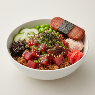 Umami Ahi Bowl Combo (Regular) — Brown Rice / Garlic Spam Musubi Umami Ahi Bowl Combo (Regular) — Brown Rice / Garlic Spam Musubi