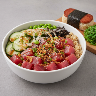 Hawaiian Ahi Bowl Combo (Regular) — Brown Rice / Garlic Spam Musubi Hawaiian Ahi Bowl Combo (Regular) — Brown Rice / Garlic Spam Musubi