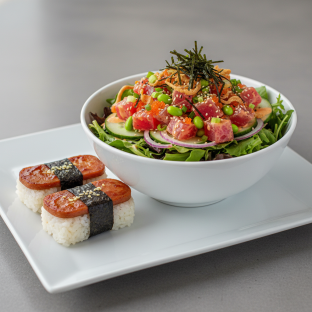 Spicy Ahi Salad Bowl Combo (Regular) — Mixed Greens / Garlic Spam Musubi Spicy Ahi Salad Bowl Combo (Regular) — Mixed Greens / Garlic Spam Musubi