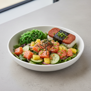 Yuzu Ponzu Salmon Salad Bowl Combo (Regular) — Mixed Greens / Garlic Spam Musubi Yuzu Ponzu Salmon Salad Bowl Combo (Regular) — Mixed Greens / Garlic Spam Musubi