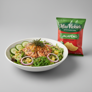 Yuzu Ponzu Salmon Salad Bowl Combo (Regular) — Mixed Greens / Miss Vickie's Jalapeno Kettle Cooked Potato Chips Yuzu Ponzu Salmon Salad Bowl Combo (Regular) — Mixed Greens / Miss Vickie's Jalapeno Kettle Cooked Potato Chips