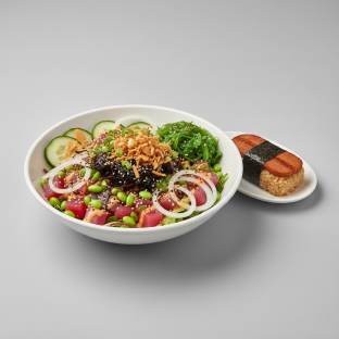 Hawaiian Ahi Salad Bowl Combo (Regular) — Mixed Greens / Garlic Spam Musubi Hawaiian Ahi Salad Bowl Combo (Regular) — Mixed Greens / Garlic Spam Musubi