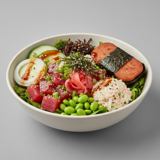 Umami Ahi Salad Bowl Combo (Regular) — Mixed Greens / Garlic Spam Musubi Umami Ahi Salad Bowl Combo (Regular) — Mixed Greens / Garlic Spam Musubi